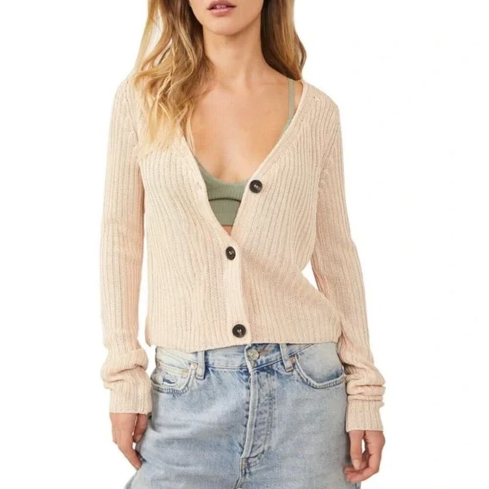 Free People Cream Button-Up Cardigan